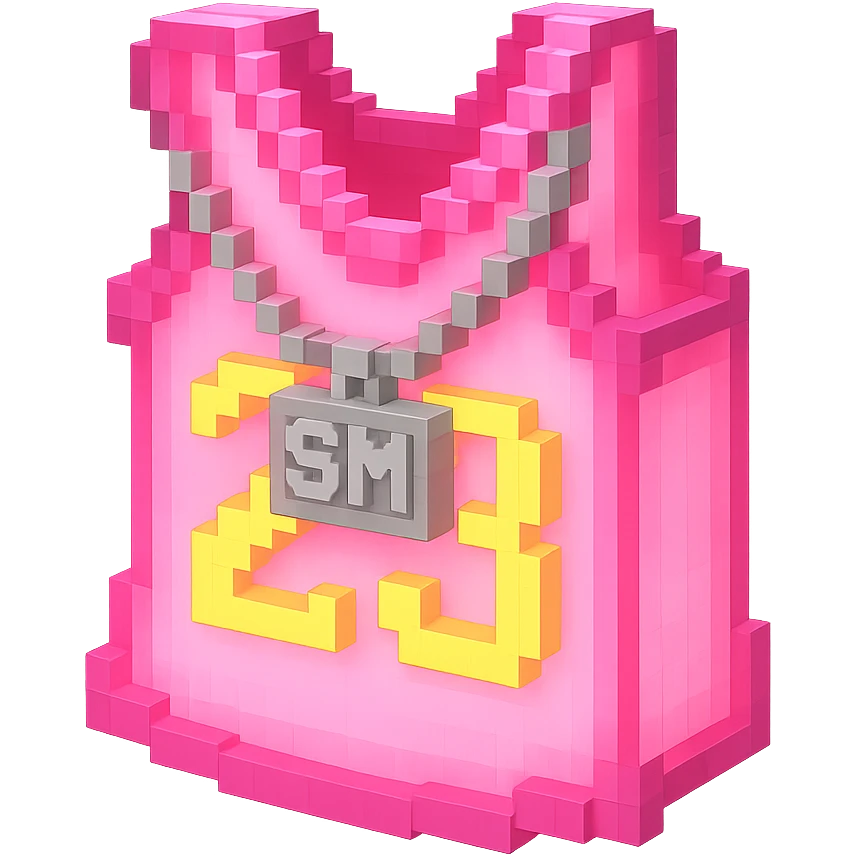 светящейся розовая баскетбольная майка с надписью "23" и серебряная цепь с надписью "SM", no background emoji