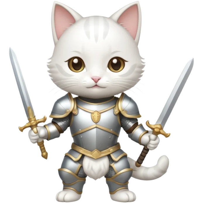 baby chibi white cat in silver armor, full body, smile, hold sword emoji