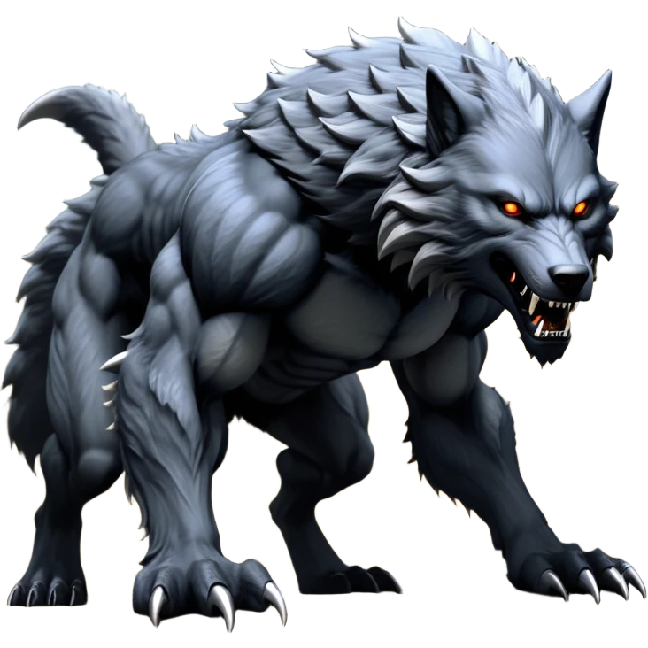 cinematic-noble-fierce-werewolf-full body on all fours-emoji, poised-and-imposing, with a tall, lean, and muscular wolfish frame inspired by the brutal, imposing shape of the beast from Berserk, fur rippling in shades of midnight black and silver, massive paws with razor-sharp claws, elongated limbs and fangs, eyes glowing with an intense, primal ferocity, reflecting the untamed power of the wild moonlit night; rendered with realism like a wolf hunched over battle ready pose ready to attack emoji