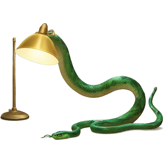 A snake on a desk. The snakes head should be replaced with a lamp. The snakes tail should be connected to a battery emoji