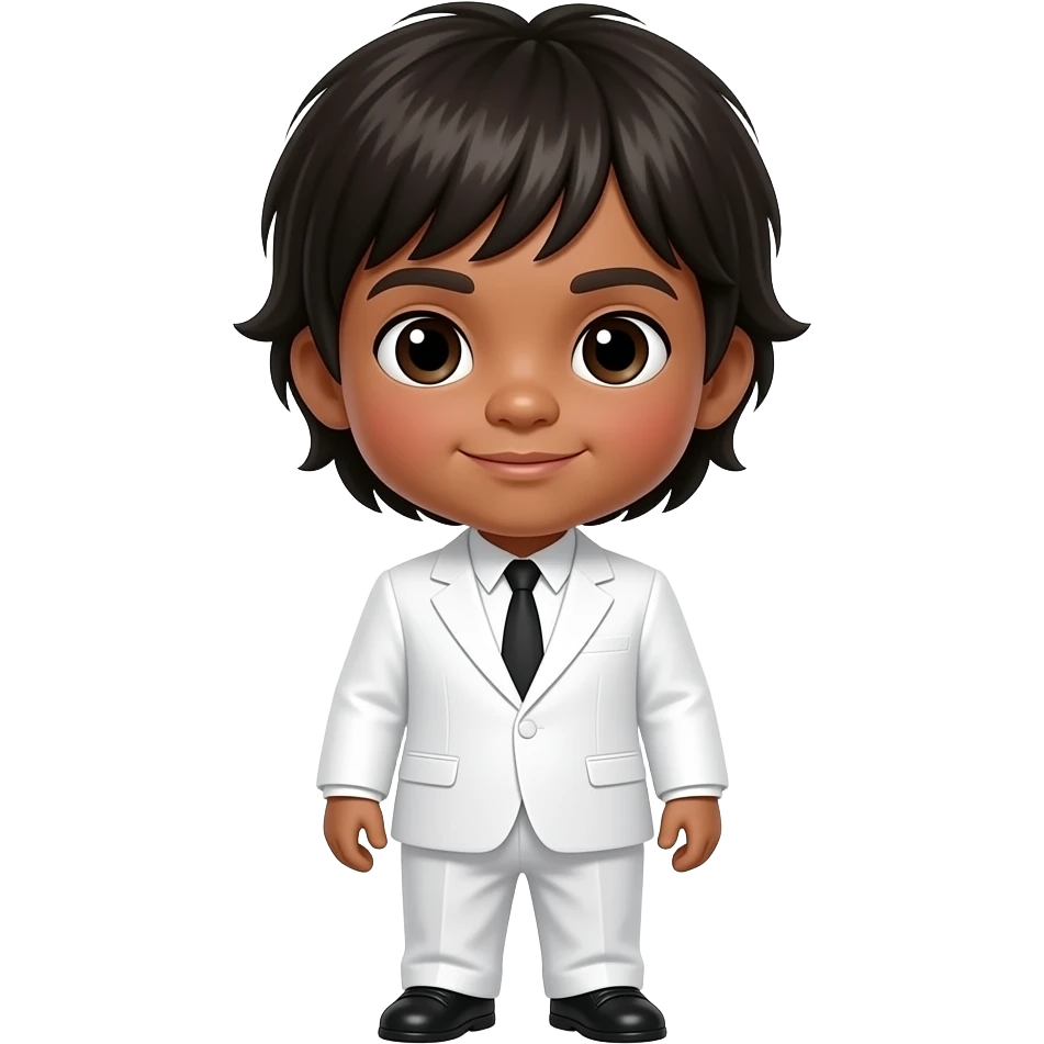 A full body dark skinned midget philipino child with a mushroom cut wearing a white suit with a Shaggy haircut like the Beatles emoji