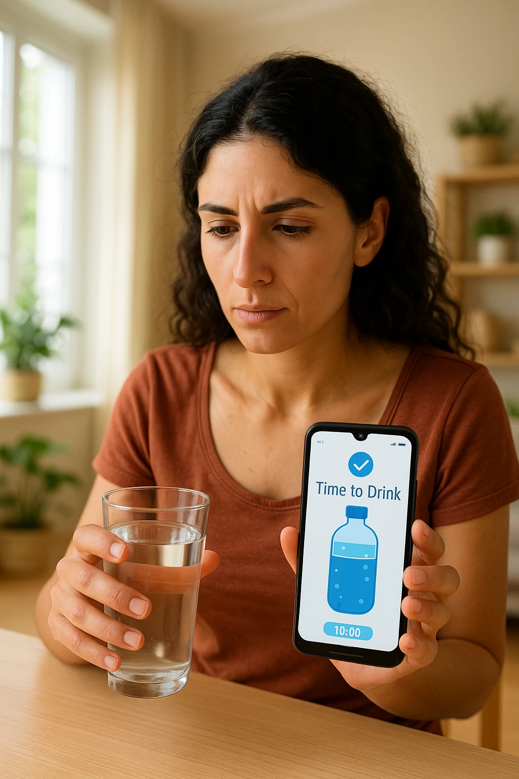 Donna che usa App per ricordarsi di bere, altrimenti non beve mai testo in italiano emoji