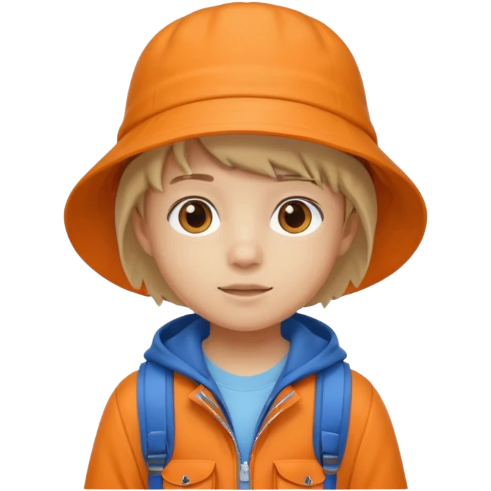 A little student with beige bucket hat, orange jacket, blue backpack emoji
