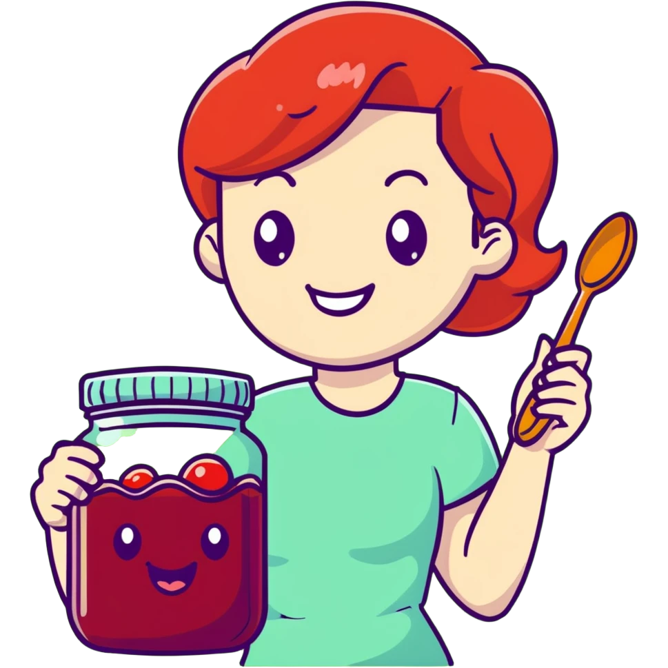 redhead woman with big smile holding a glass jar with jam in one hand and a little spoon with jam in other hand emoji