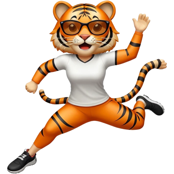 female energetic anthropomorphised tiger in sports clothes, wearing dark sunglasses, jumping with excitement, arms raised emoji