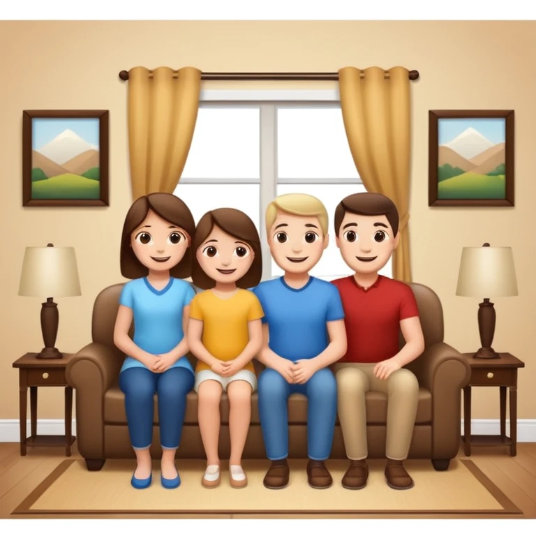 family posing for photo, living room background emoji