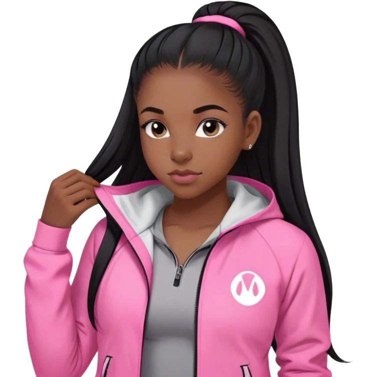 black girl with black straigh Long hair down pin straight and baby hairs with pink lululemon jacket on  emoji