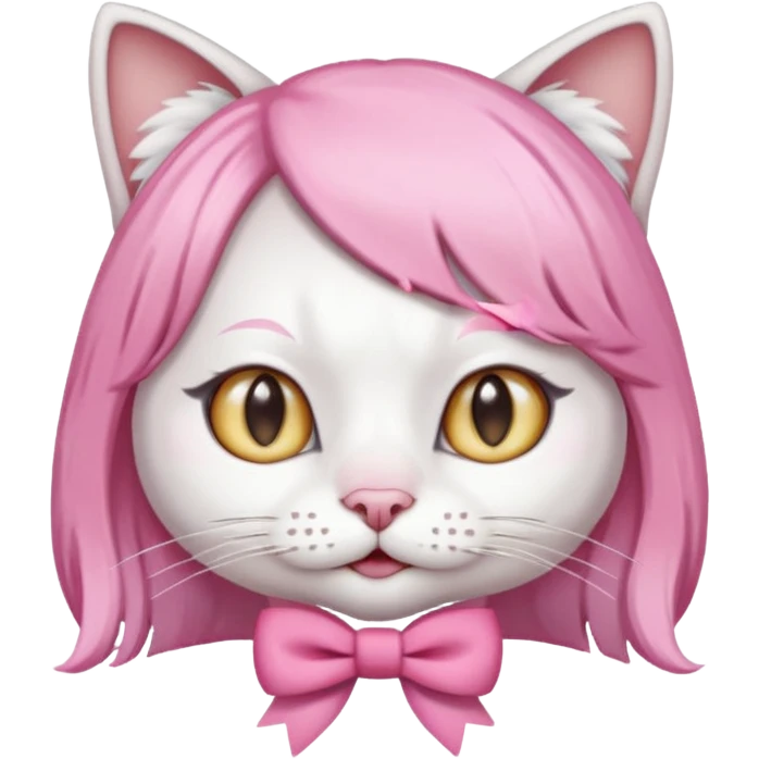 White cat wearing pink wig and bow emoji