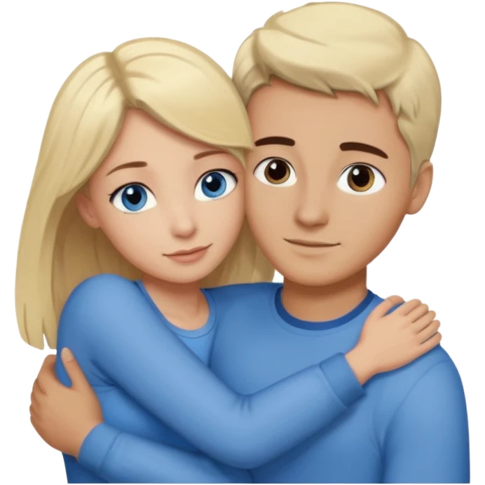 Man with blonde hair and blue eyes hugging a woman with dark hair and brown eyes emoji
