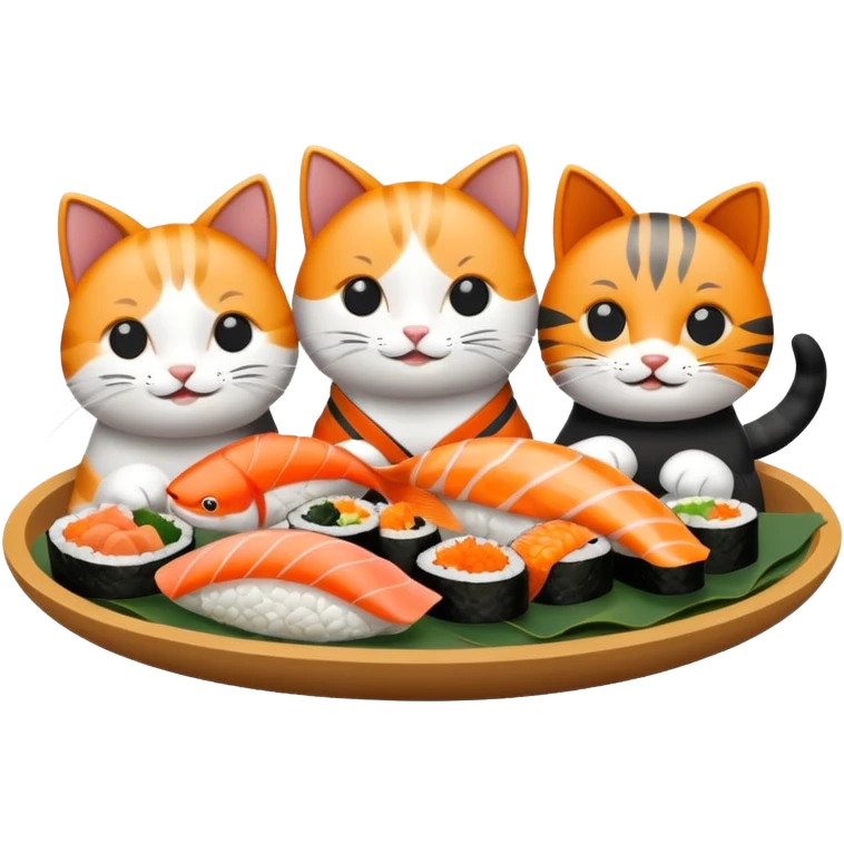 four happy cats having sushi dinner together emoji