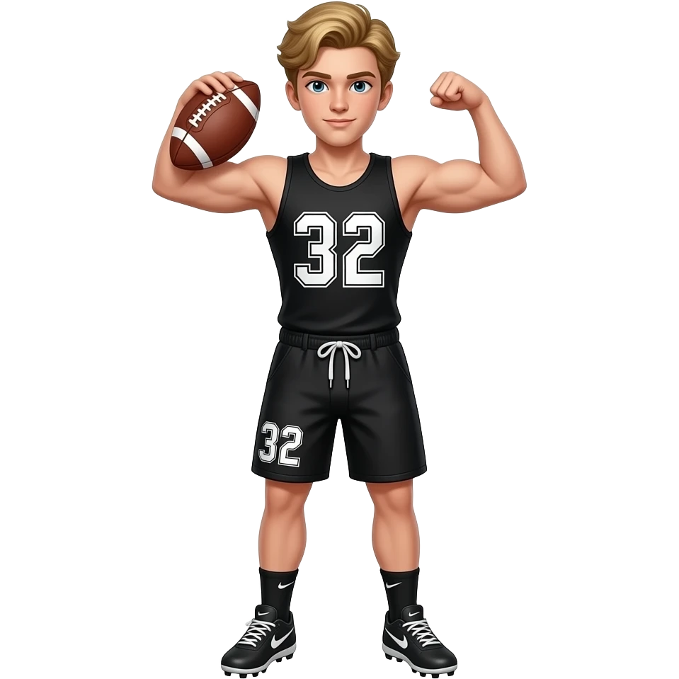 White skin teenager boy with blonde medium hair black tank top number 32 black shorts number 32 Nike cleats flexing with the football emoji