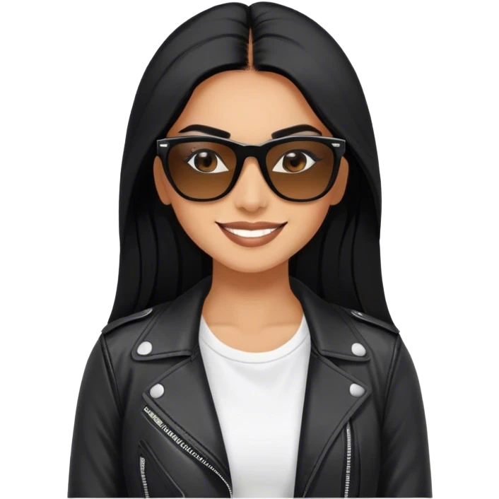 beautiful fit woman, with long straight black hair, with make up, black eye liner, smile mooth close, mexican, brown skin, wearing white tee, wearing leather black jacket, solar black wayfarer rayban emoji