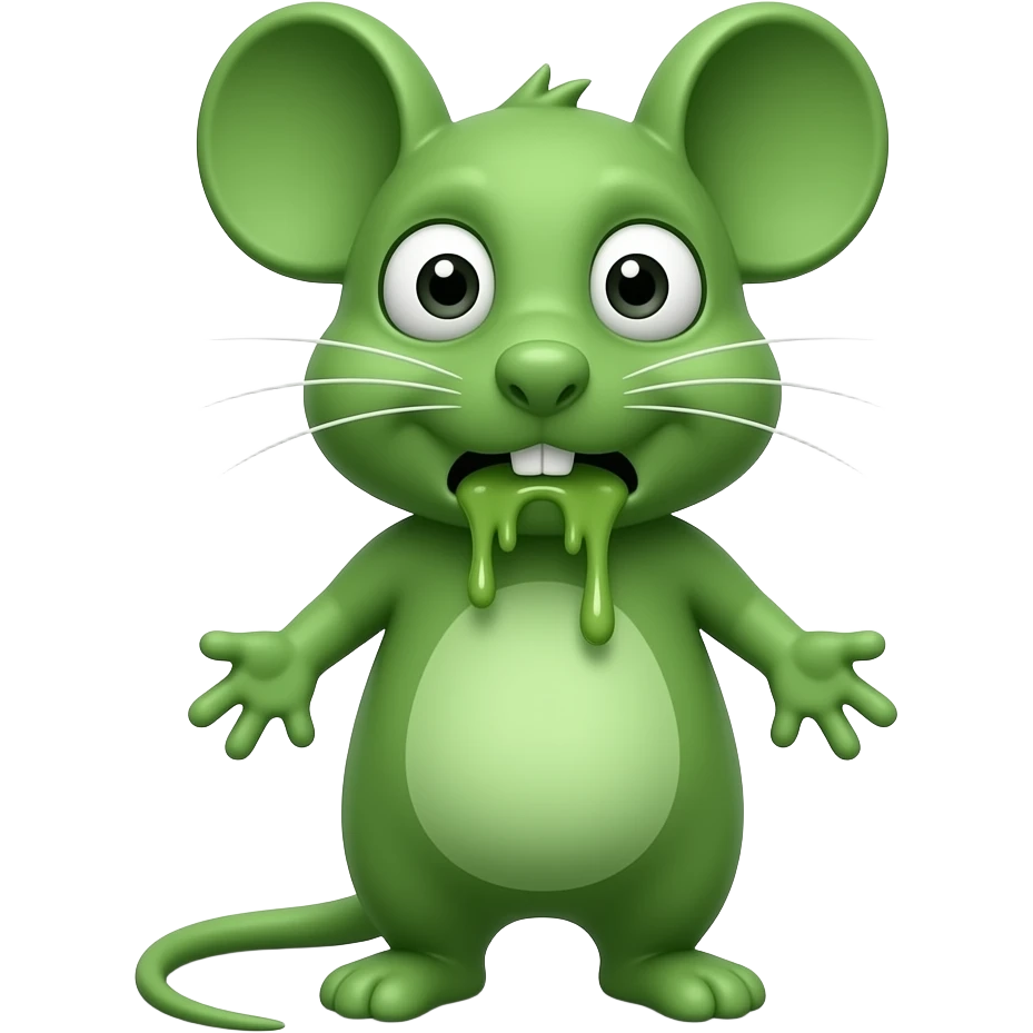A small green mouse standing upright, with arms and legs shaped like a little person, staring at us with a nauseating look, its mouth covered in vomit. The mouse’s body is entirely green. emoji
