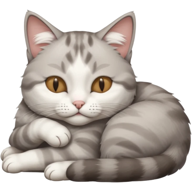 grey and white small cat with its eyes closed lying down with his head leaning on his paw emoji