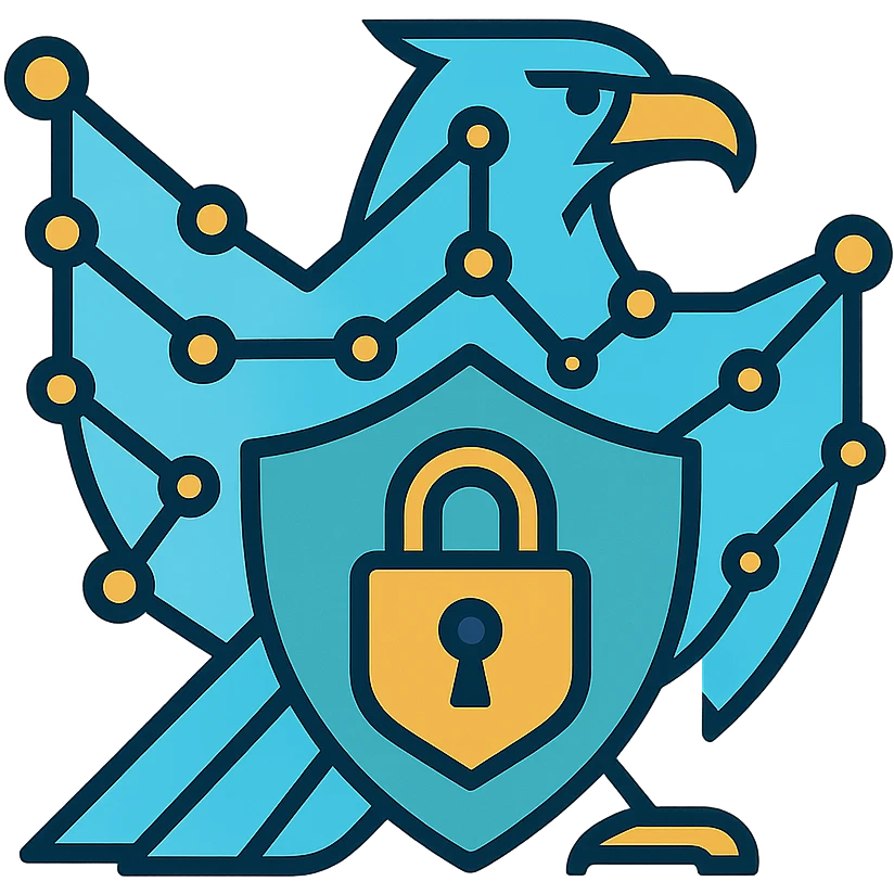 sleek abstract eagle formed from digital lines and nodes, symbolizing national digital security agency Pinsafe, subtle shield and padlock shapes, conveying high-tech protection and authority emoji
