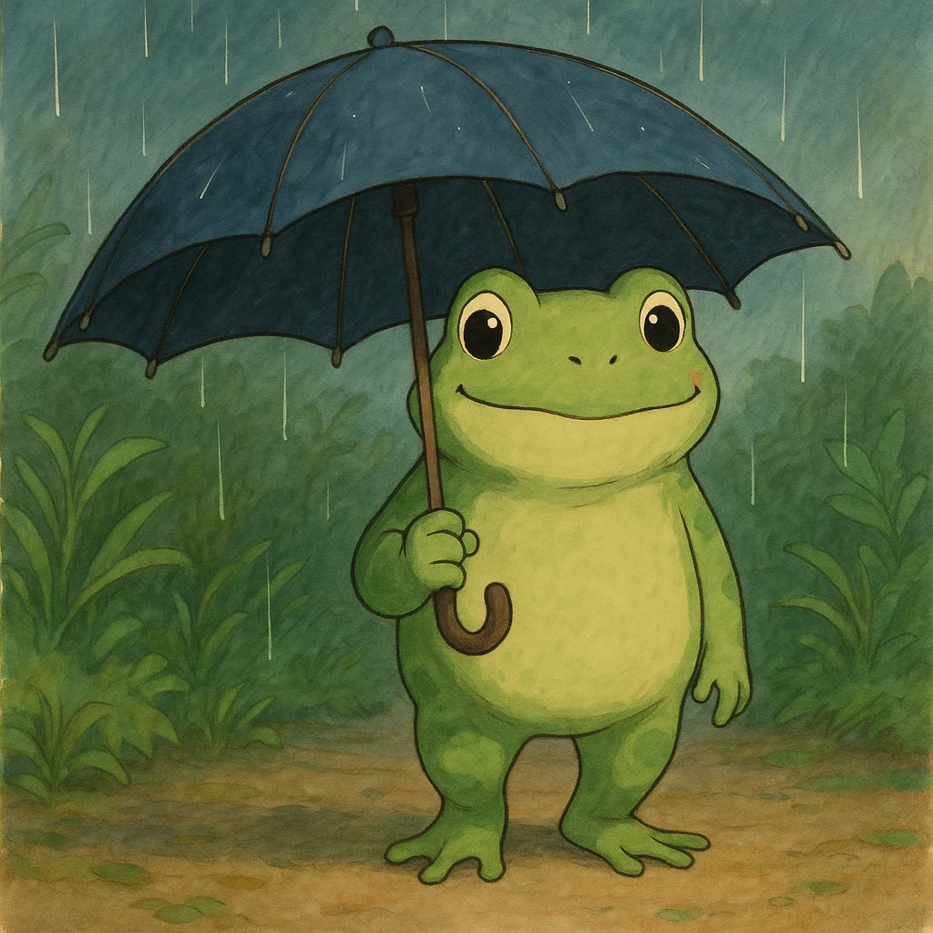 friendly frog holding an umbrella, ghibli style emoji
