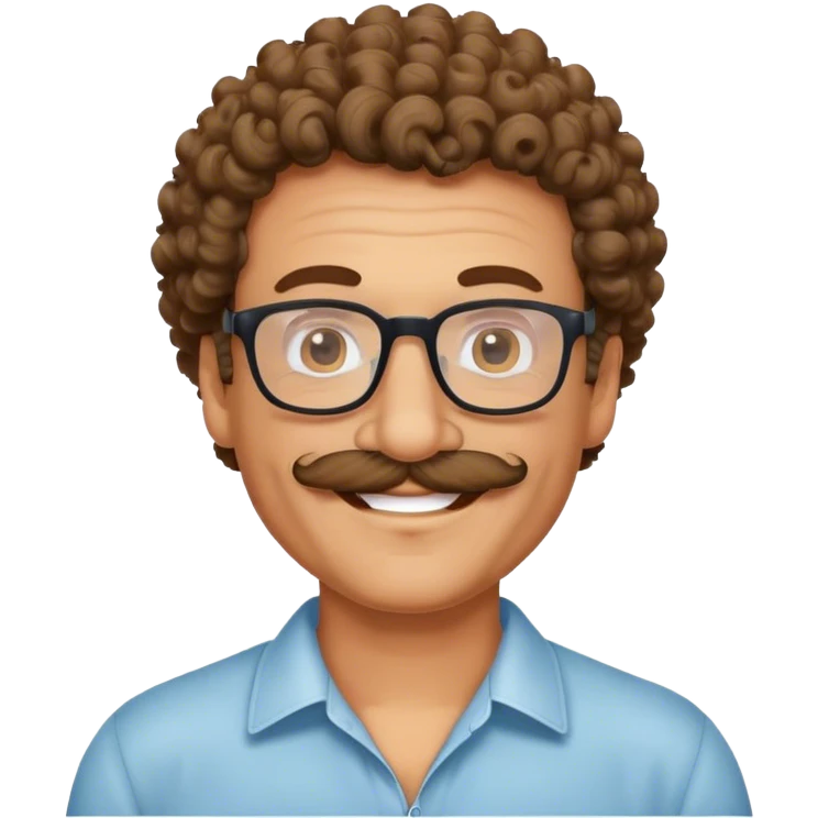 A lightly tanned middle aged man with glasses smiling, curly hair, a mustache ￼ emoji