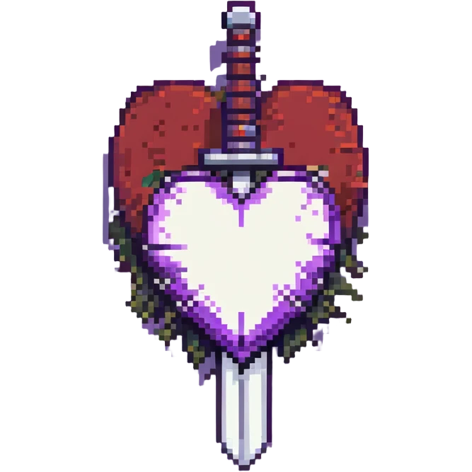 purple and white heart with a katana sword piercing through the center, pixel art style emoji