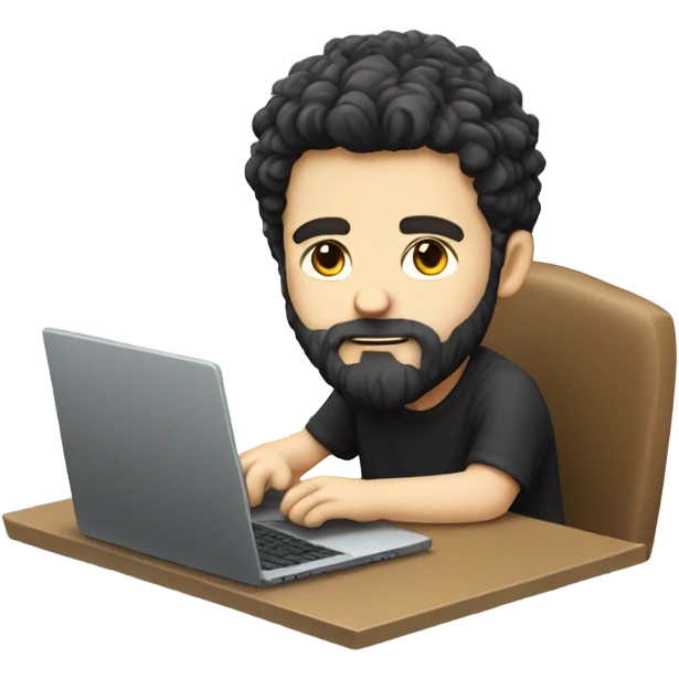 Cute bearded programmer at his laptop, black hare pale skin emoji