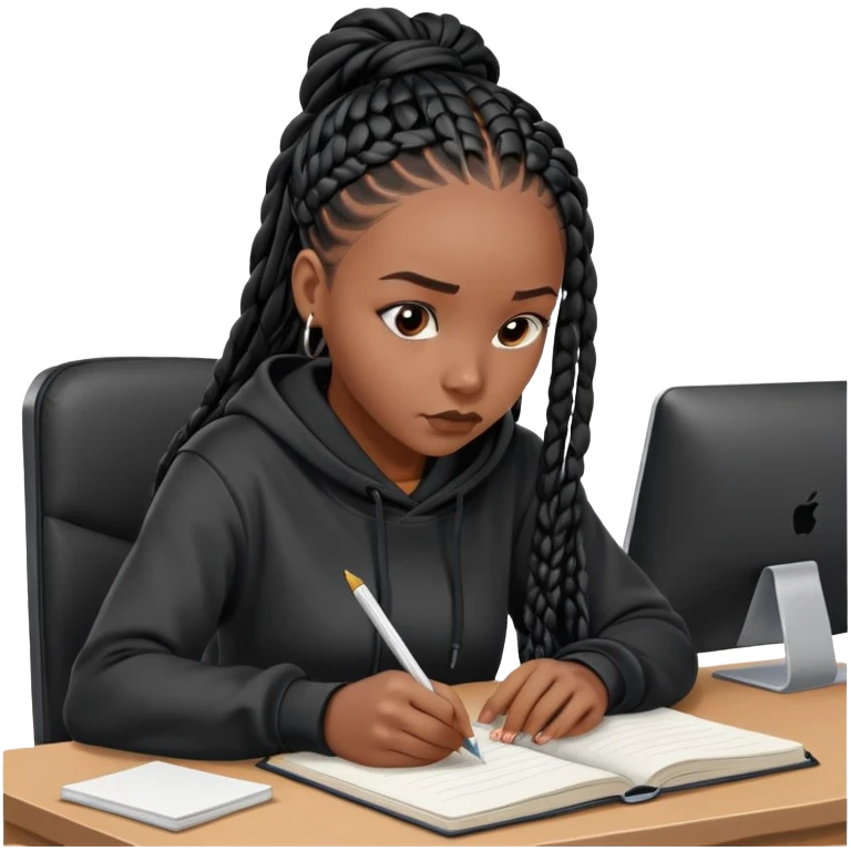  A dark-skinned Black woman with long black box braids, sitting at a desk, writing in a notebook, wearing a hoodie, looking focused. emoji