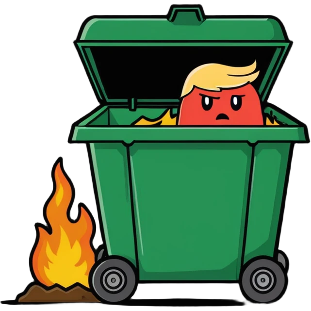 Donald Trump combined with a poop emoji, with a dumpster on fire in the background emoji