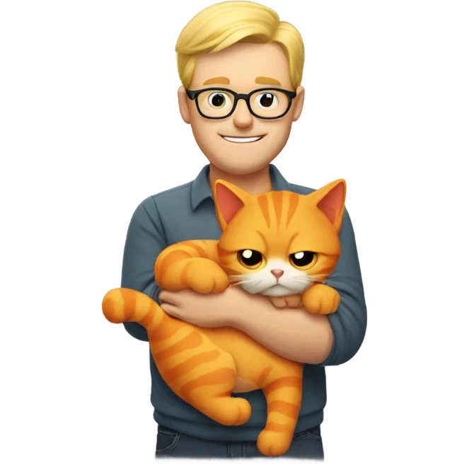 Orange cat being held by blonde man in glasses emoji