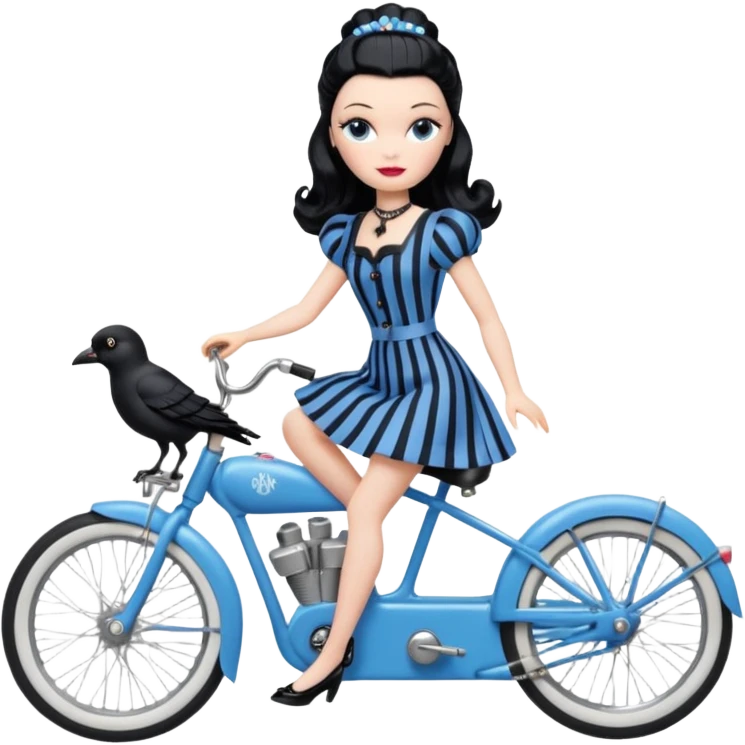 1920s coal hair Silkstone Marie Antoinette Barbie Wednesday Addams from academy in a blue and black vertically-striped classic dress. riding hot rod bikes with crows emoji