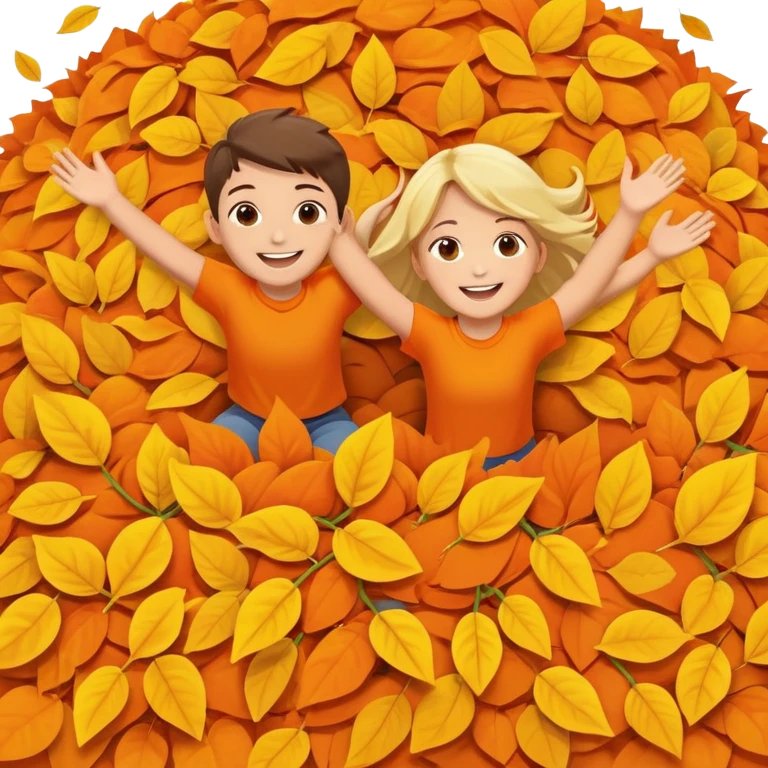 two children mid-air above a big pile of orange and yellow leaves, smiling faces emoji