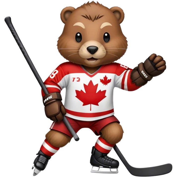 Beaver playing hockey wearing a Canada jersey emoji