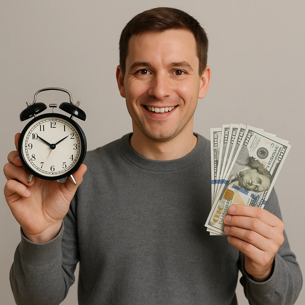 A man with short brown hair holding an alarm clock and money emoji