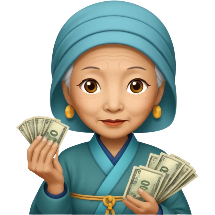 old chinese woman with Compassion - sympathetic concern for the sufferings of others, offering money emoji