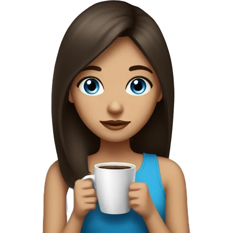 a girl with blue eyes with bangs on dark brown hair drinks coffee emoji
