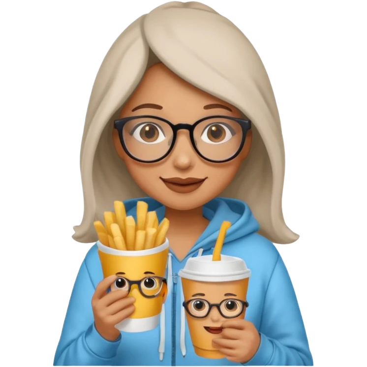 Woman with Glasses & Fries – cheerful woman in hoodie, holding paper cup of fries.





































 emoji