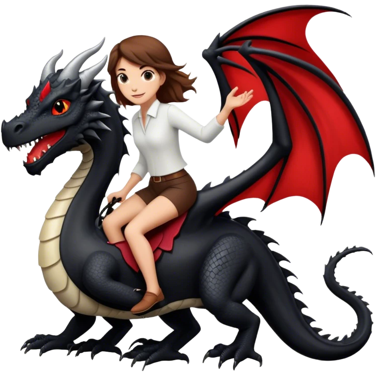 Me, a white female with brown hair, riding a black dragon with a tiny bit of red that has two legs to your work emoji