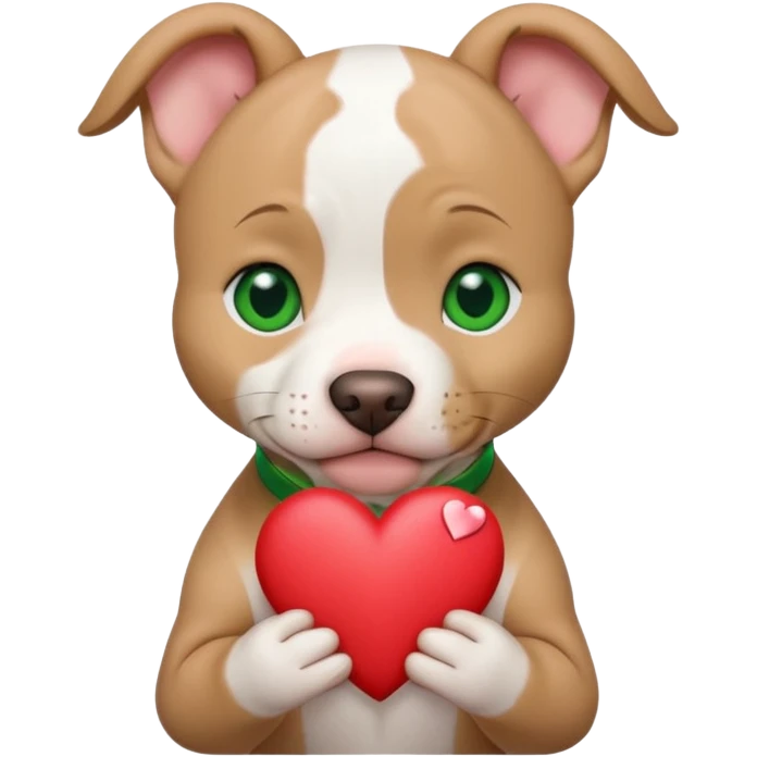 White and tan pitbull puppy with green eyes and cropped ears holding a heart emoji