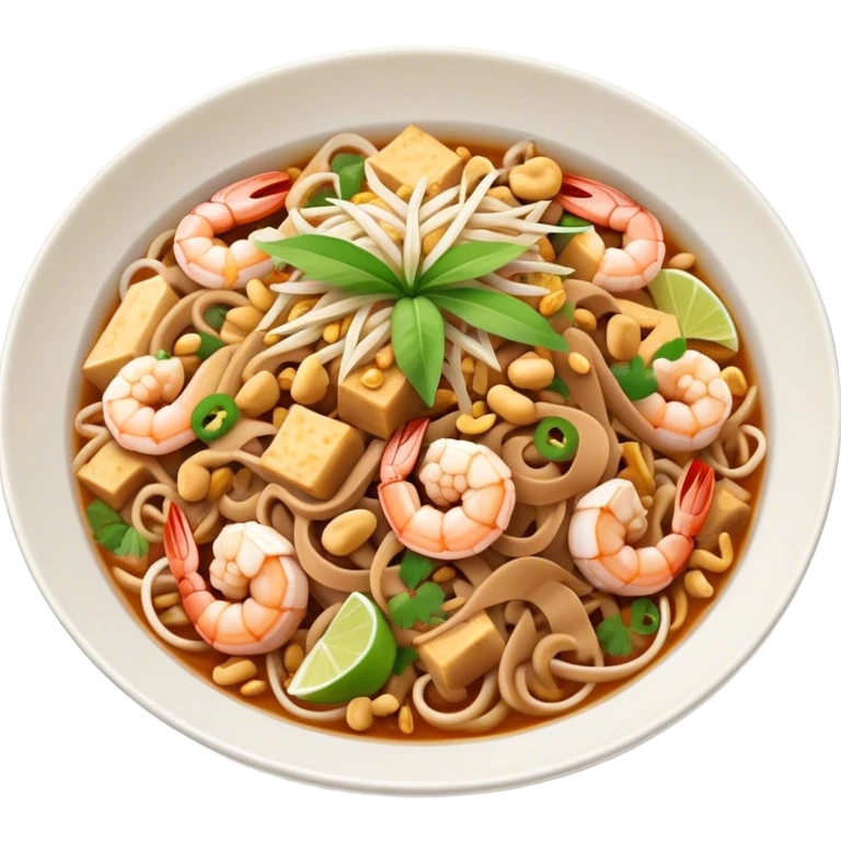 Cinematic Realistic Pad Thai Dish Emoji, depicted as stir-fried rice noodles with shrimp, tofu, peanuts, and bean sprouts rendered with vibrant textures and dynamic, appetizing lighting. emoji