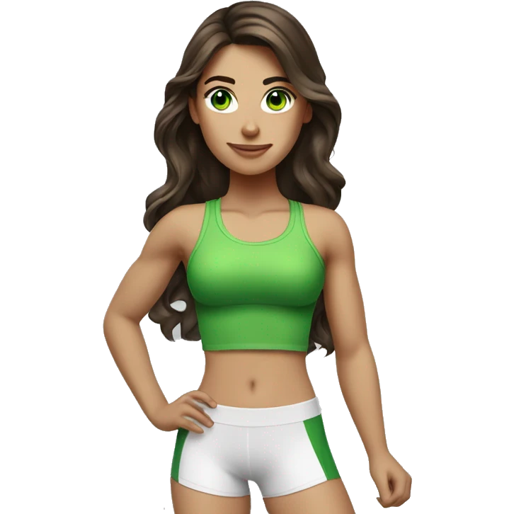 Fitness girl brunette long wavy hair with green eyes emoji