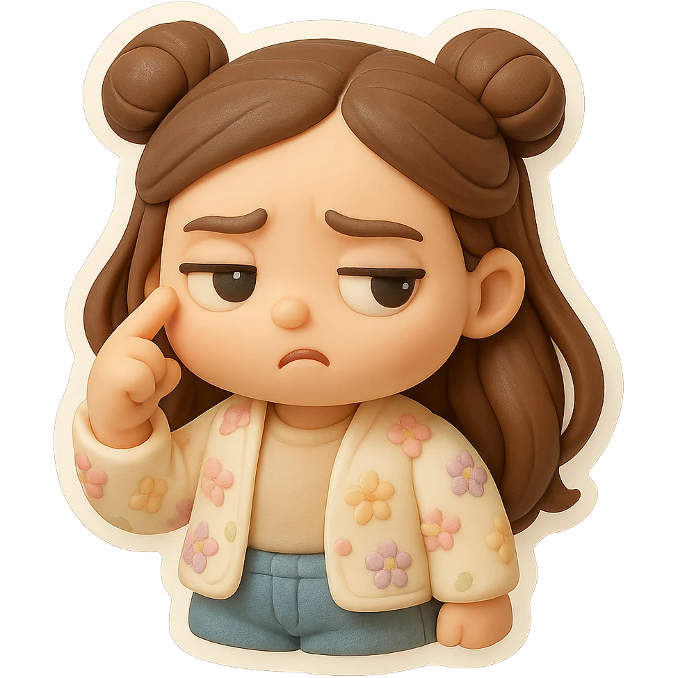 Create a 3D chibi fondant cake art style image with high-quality rendering, smooth shadows, and soft gradients. The girl should be based on the reference image, preserving facial features, with long brown hair in two space buns, brown eyes, jeans, and a pastel floral cardigan. Add a thick white outline like a sticker and make the background transparent. She is spinning a finger near her temple with a contemptuous expression, no whistling. emoji