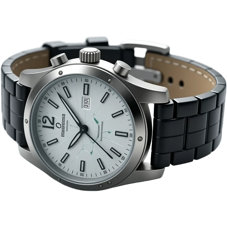 A wristwatch fallen on the ground with its glass cracked and slightly shattered. The strap is twisted, small glass fragments scattered nearby. Subtle scratches on the surface, suggesting impact. Soft dramatic lighting, no people, clean floor background, realistic and detailed. emoji