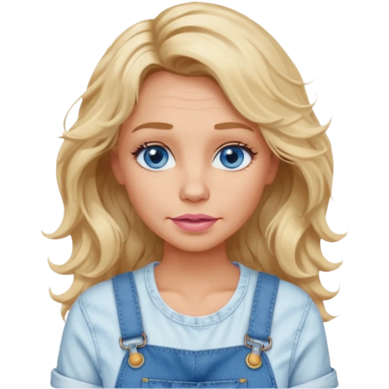 create an emoji of a woman. She has wrinkles, with long blonde messy but wavy hair, blue eyes, tanned skin, natural soft pink lips. she wears a very white top with an overall emoji