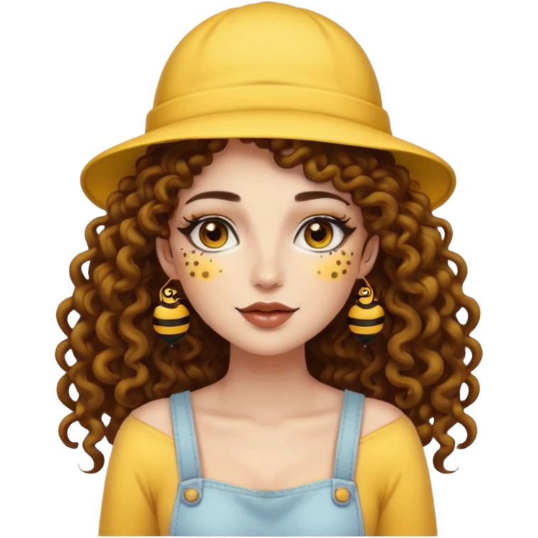 full body woman long curly brown hair brown eyes white skin tattoos wearing bee hat and pollen glow makeup emoji