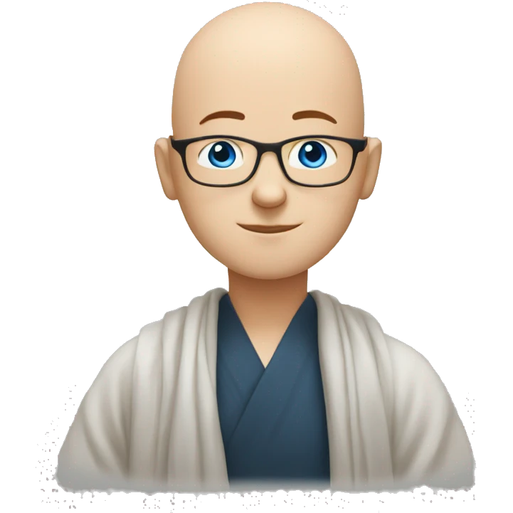 bald man with glasses and blue eyes doing namaste emoji