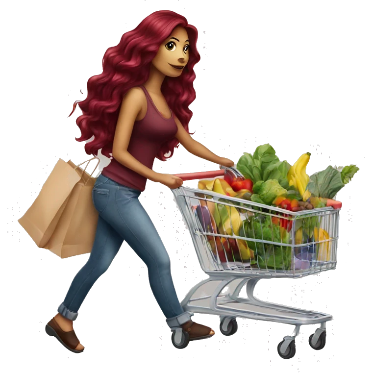 Beautiful tattooed burgundy long haired woman pushing shopping cart emoji