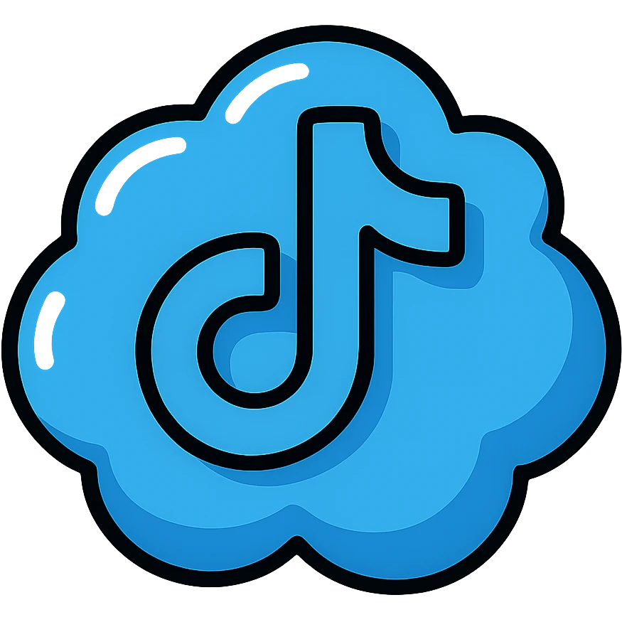 puffy cartoonish TikTok logo in blue with bold outlines, deep shadows, bright highlights, smooth curved corners, no background emoji