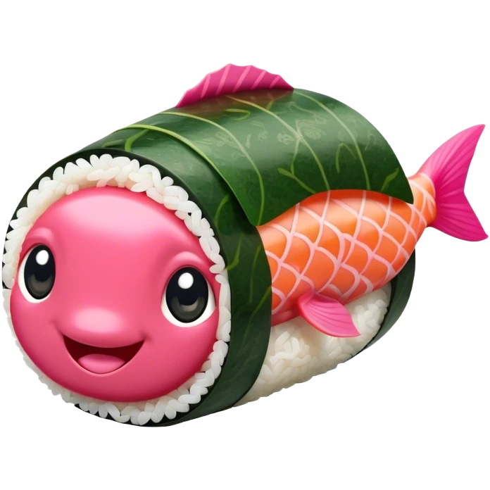 Cute Kawaii Maki Sushi Roll, small and round, wrapped in soft dark green seaweed, tiny grains of rice peeking out, a bright pink fish filling, a cheerful smiling face! emoji