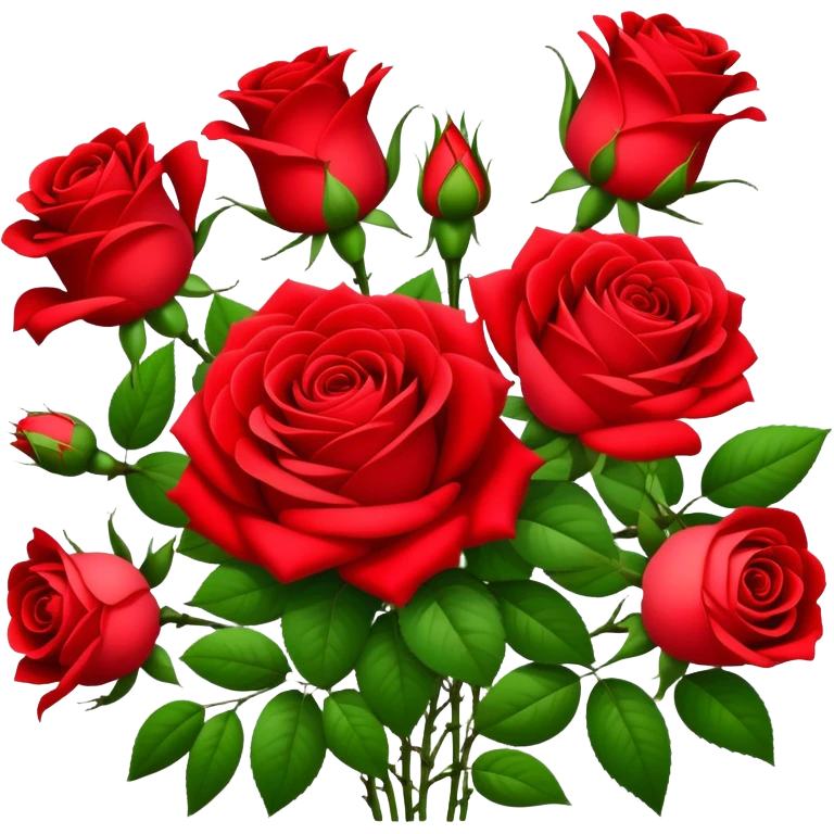 big bouquet Bright Red Tea Rose, luxuriant, leaf, bud emoji