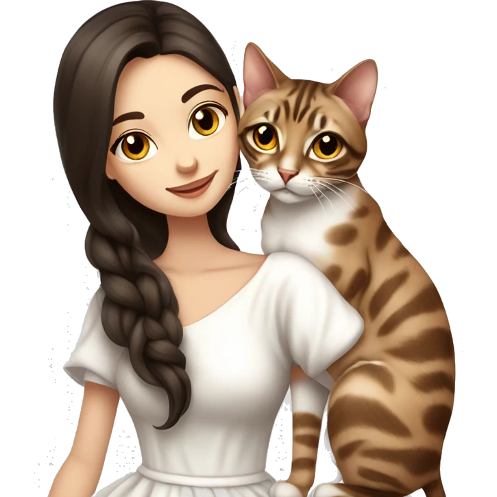 Beautiful skinny woman long dark brown hair in white dress hug bengal cat emoji