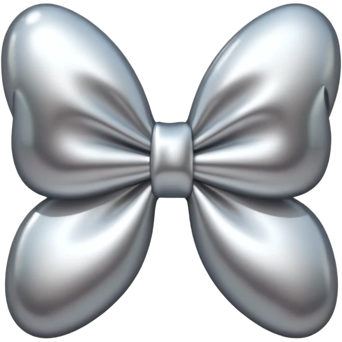 A cute bow emoji made of polished silver chrome, smooth rounded loops, glossy metallic surface, soft mirror reflections, subtle highlights, minimal and adorable proportions, iOS emoji style, centered composition, clean white background, soft studio lighting, no text, no outline, ultra high quality emoji