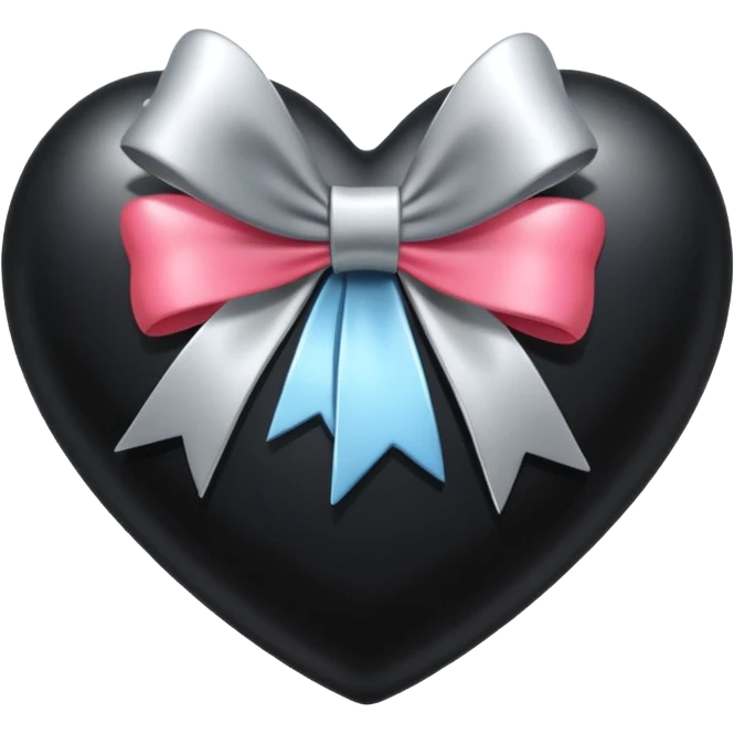 glossy broken black heart with a silver bow and heart pattern on the bow emoji