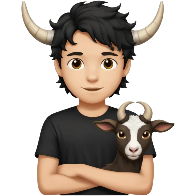 Menino de 15 anos de cabelo ondulado preto e de camiseta preta com chifres de bode emoji